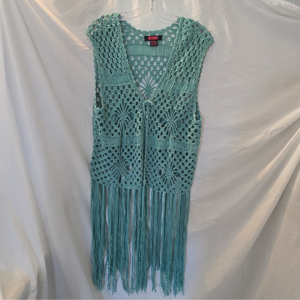 Rock & Roll Denim Crochet Front Tie Vest W/Fringe Turquoise Sz XXL Boho-western
